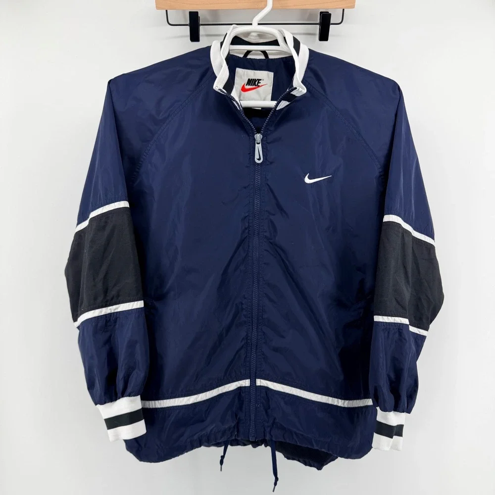 Nike Vintage 90s Windbreaker Full Zip Jacket Mesh Lined Navy Blue Size M Mens